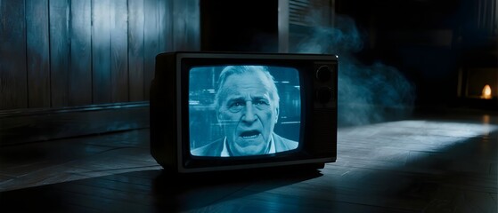 Retro TV screen with distressed man, a concept on urgent news, surveillance, and isolation.