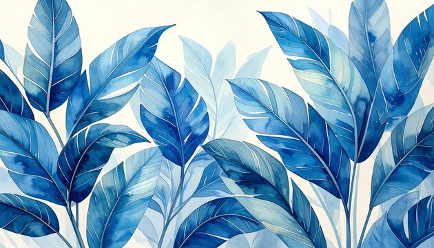 Vibrant blue tropical leaves on a cream background
