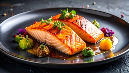 Gourmet salmon dish with vibrant plating and artistic culinary presentation