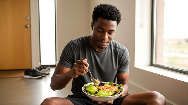 Healthy Lifestyle Choice: A young, athletic African American man enjoys a nutritious salad with avocado while seated on the floor near a bright window at home.