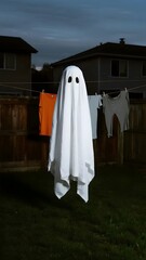 A whimsical sheet ghost hangs among laundry on a clothesline, ready for Halloween night in a suburban yard.