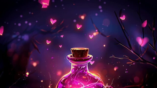 Enchanting Glowing Magical Potion Surrounded by Colorful Hearts in Whimsical Setting, Evoking Fantasy and Wonder with Vibrant Sparkles