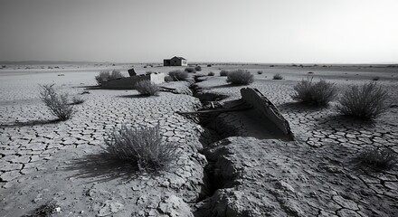 Desert landscape with cracked earth and abandoned building in monochrome