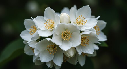 Close up of white flowers with yellow centers against a dark green backdrop