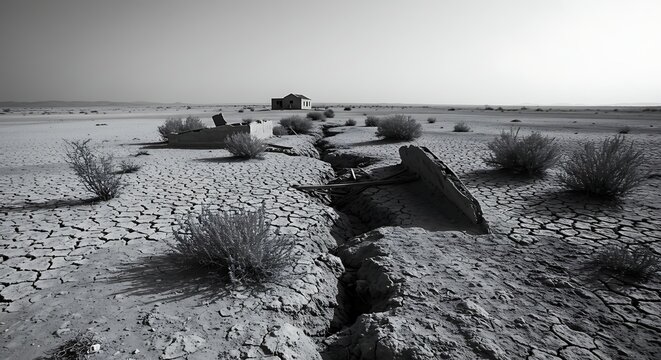 Desert landscape with cracked earth and abandoned building in monochrome - Powered by Adobe