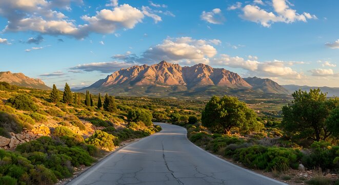 Scenic road leading towards mountain range under a partly cloudy sky - Powered by Adobe
