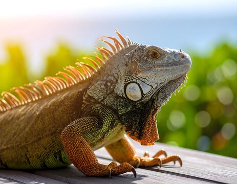 Close-up of a vibrant iguana basking in sunlight