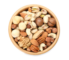 Mix of different nuts in bowl isolated on white, top view