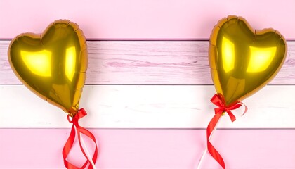 Two gold heart balloons on a pink and white wooden background