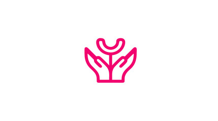 Obraz premium Pink outline icon of hands holding a sprouting plant, symbolizing growth, care, nature, sustainable development, and eco-friendly support.