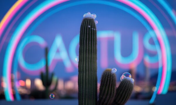 A tall cactus stands before neon "CACTUS" sign, bubbles floating; dusk setting