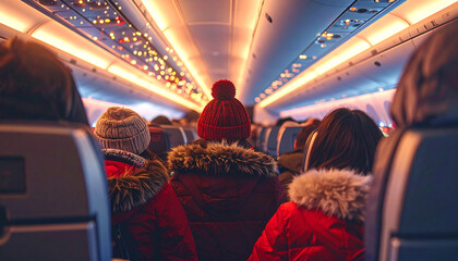 Naklejka premium Cozy Cabin: Inside an airplane's cabin, passengers are nestled in their seats. The scene shows how an aircraft feels, featuring ambient light.