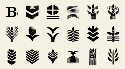 Stylized agricultural icons set, vector symbols of wheat, grain, organic crops, abstract nature elements, minimalist black and white design assets