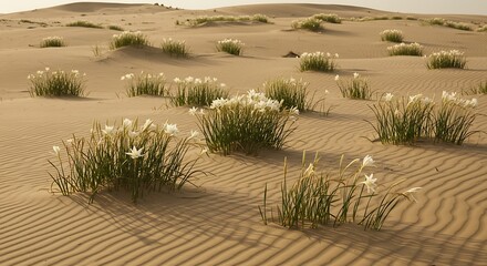 Desert landscape with sparse vegetation under soft sunlight and shadows