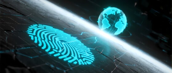 Glowing Digital Fingerprint, a concept on global identity, data security, and future technology.