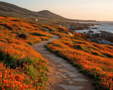 Coastal Trail Through Orange Poppy Field at Sunset - Powered by Adobe