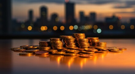 Golden coins stacked in front of a blurred city skyline at dusk