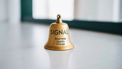 Golden bell with the word SIGNAL and text on a reflective surface