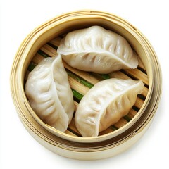 Realistic Dumplings in Bamboo Steamer on Isolated Background