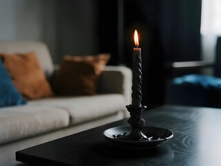 Black twisted candle burning brightly, symbolizing serenity, mystery, and introspection.