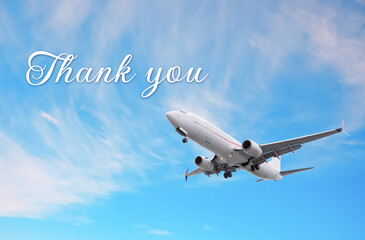 Thank you card design with words and plane in sky