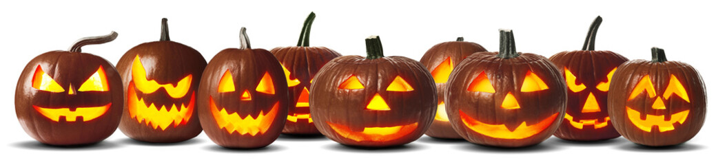 Halloween jack-o-lanterns isolated on white. Pumpkins with carved spooky faces