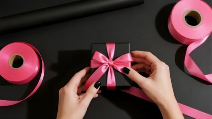 Woman's hands holding a black gift box with pink ribbon, a concept on gifting, elegance, and appreciation.