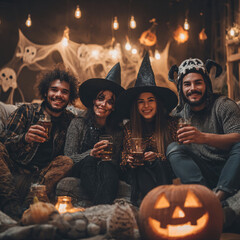 Halloween Family Gathering with Friends in Costumes, Generative AI

