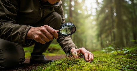 Researcher kneeling in forest examining moss with magnifying glass, close-up scientific fieldwork in nature