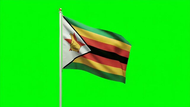 Vibrant Zimbabwe flag waving proudly against a bright green screen backdrop perfect for national pride projects and documentary films