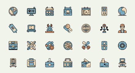 Fototapeta premium Business and Finance Linear Color Icon Set. A collection of filled outline symbols for corporate management, office work, and global commerce.