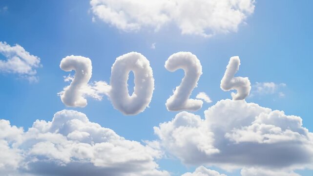 Fluffy white clouds drifting to shape 2026 in a bright summer sky