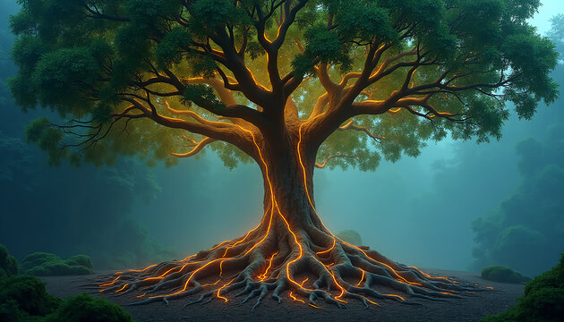 Organic Data Tree with Roots of Flowing Digital Information