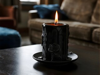 Burning black candle, a concept on mystery, gothic elegance, and contemplative ritual.