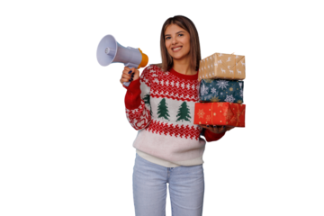 Woman in christmas sweater holding gifts and shouting through megaphone, announcing holiday deals and seasonal sales