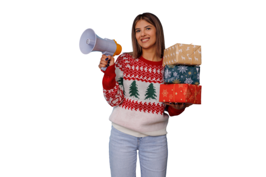 Woman in christmas sweater holding gifts and shouting through megaphone, announcing holiday deals and seasonal sales
