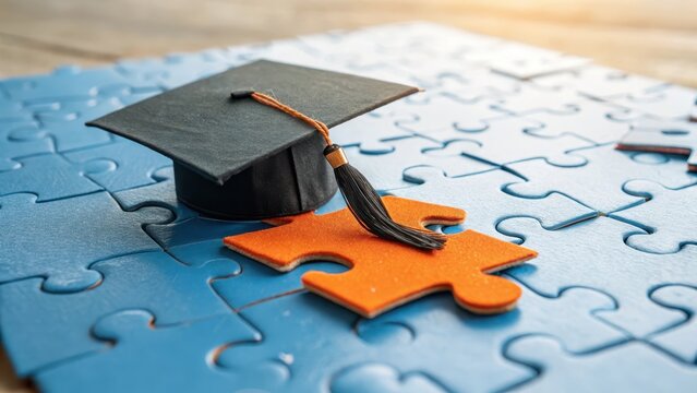Graduation cap and puzzle piece representing education completion