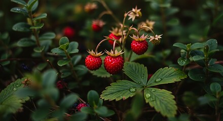 Close up of wild strawberries with green leaves and droplets of water