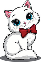 Elegant White Kitten Smitten Bowtie Vector Illustration