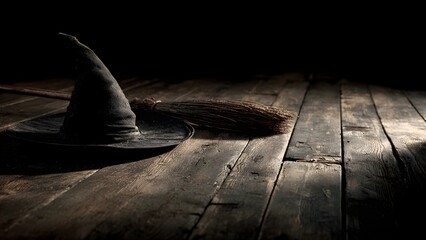 Witch's Hat and Broomstick, a concept on magic, mystery, and Halloween fantasy.