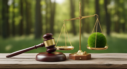 Justice balances law and nature's delicate green sphere