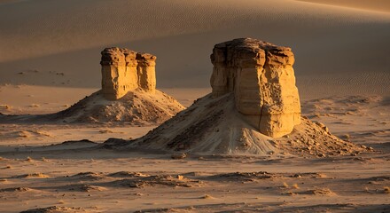 Desert landscape with unique rock formations bathed in warm sunlight