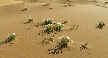 Desert landscape with white flowers and sunlight casting shadows on sand dunes