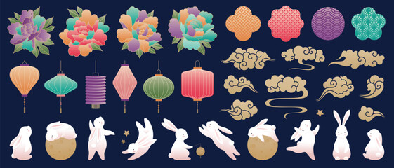 Colorful Mid-Autumn Festival Lanterns Rabbits and Flowers Design