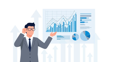 Business Presentation With Charts, Arrows, Statistics Depicting Growth And Progress