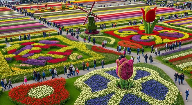 Spectacular aerial view of Keukenhof Gardens, Lisse Netherlands, capturing a stunning floral display