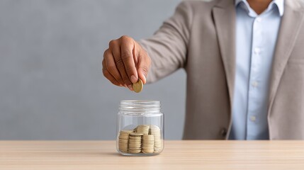 A person adds coins to a glass jar, symbolizing saving and financial management.