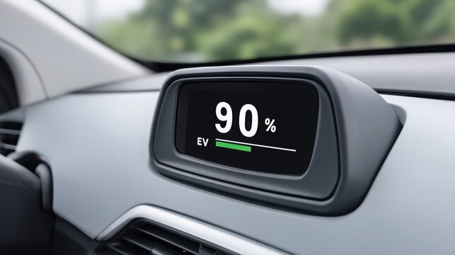 Digital display showing 90% battery level in an electric vehicle dashboard.