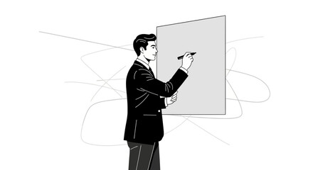 Business professional drawing or writing on a presentation board in minimalist design