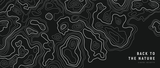 Abstract Black Topographic Map Background with White Contour Lines.